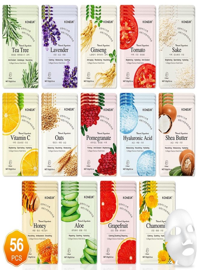 KONEUK 56 Pack Sheet Face Masks Skincare for Women, Hydrating Face Masks Suitable for Sensitive Skin, Bulk Facial Mask Gifts Set for Skin Care, Home Skincare Spa for All Skin Types - Image 1